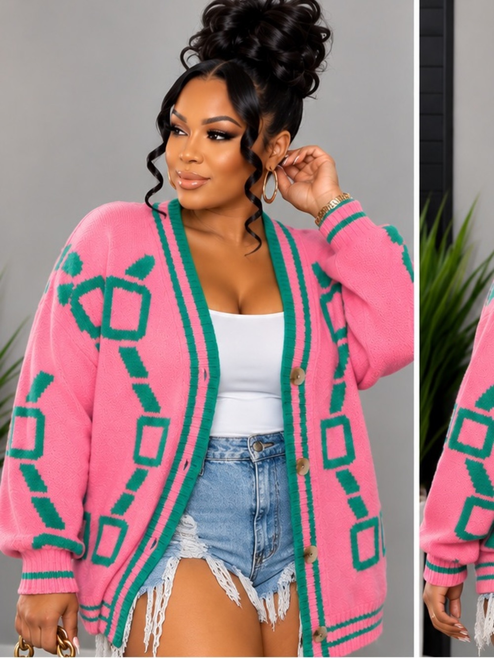 Women’s Pink & Green Geometric Cardigan Sweater